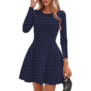 Long Sleeve Navy White Mini Dress Women Fall 2025 Crewneck Line Babydoll Casual